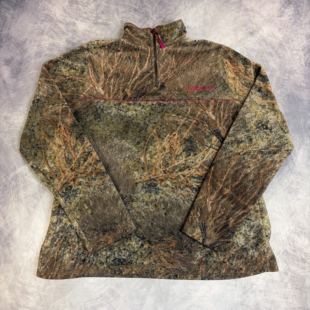 Mossy Oak Brush Fleece Pullover Womens XL Brown Camo Quarter Zip Long Sleeve